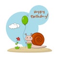 Greeting card with a snail, a balloon, a gift, a flower and clouds. Happy birthday card. Royalty Free Stock Photo