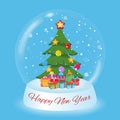 Greeting card with snow globe with Christmas tree Royalty Free Stock Photo