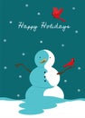 Greeting card with a snowman and a red cardinal bird. Vector graphics