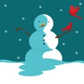 Greeting card with a snowman and a red cardinal bird. Vector graphics