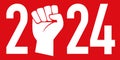 Greeting card 2024 with social conflict concept, presenting raised fist symbol on red background