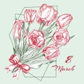 Greeting card with Spring flower bouquet of tulips in red and green colors on gray background. Line engraving drawing Royalty Free Stock Photo