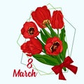 Greeting card with Spring flower bouquet of tulips in red and green colors on white background. Line engraving drawing Royalty Free Stock Photo