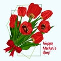 Greeting card with Spring flower bouquet of tulips in red and green colors on white background. Line engraving drawing Royalty Free Stock Photo