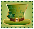 Greeting card of St. Patrick with sparkling green leaves of clover, gold coins, green hat