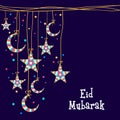 Greeting card with stars and moon for Eid Mubarak celebration.