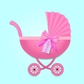 Greeting card with stroller for a girl on Baby Shower. Pink Stroller with a bow. Vector illustration eps 10 Royalty Free Stock Photo