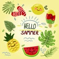 Greeting card Summer, hello Beach, watermelon, lemon, pineapple, hat, flip-flops. Beach set for vacation. Flat and hand Royalty Free Stock Photo