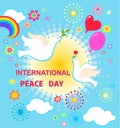 Greeting card with sun and paper cut out doves with olive branch and tulip, balloons, rainbow and flowers for celebration Internat