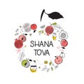 Greeting card with symbols of Jewish holiday Rosh Hashana , New Year. blessing of Happy new year in Hebrew, shana tova Royalty Free Stock Photo