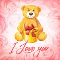 Greeting card. Teddy bear with a gift on a background of pink roses. Watercolor vector illustration. Royalty Free Stock Photo