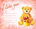 Greeting card. Teddy bear with a gift on a background of pink roses. Watercolor vector illustration.