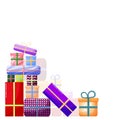 Greeting card template with a bunch of gift boxes wrapped in colorful paper and decorated with ribbons and bows Royalty Free Stock Photo