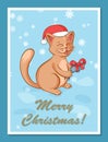 Greeting card template with cute cartoon happy cat character in red Santa hat Royalty Free Stock Photo