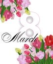 Greeting card template with flowers March 8 International Women`s Day. Background with tulips. Vector Royalty Free Stock Photo