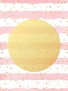 Greeting card template. Gold glitter foil dots confetti on striped white and pink watercolor background. EPS 10 Royalty Free Stock Photo