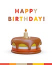 Greeting card template, happy birthday. Festive cake with candle in cartoon style Royalty Free Stock Photo