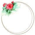 Greeting card template with red roses and a frame in the form of two golden circles. Isolated raster elements.