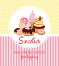 Greeting card template with retro patterns of yellow polka dots and pink stripes around a round frame with desserts Royalty Free Stock Photo