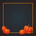 Greeting card template. Yellow square frame with orange pumpkins.
