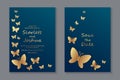 Greeting card templates with golden butterflies on a navy blue background Royalty Free Stock Photo