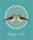 Greeting Card with Text Happy Easter. Mandala with Willow Branches, Green Leaves, Bees and Birds