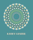 Greeting Card with Text Happy Easter. Mandala with Willow Branches, Green Leaves and Bees