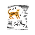 Greeting card with text ` World Cat Day`. Icon of bengal breed.