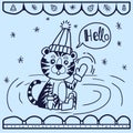Greeting card with tiger wearing skates saying - Hello