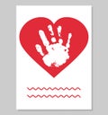 Greeting card to mother from child. White baby handprint in red heart shape. Vector illustration Royalty Free Stock Photo