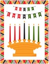 Greeting card with traditional candle holder - Kinara and flags with words Happy Kwanzaa. Frame with African triangle