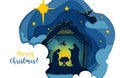 Greeting card of Traditional Christian Christmas Nativity Scene of baby Jesus in the manger with Mary and Joseph in Royalty Free Stock Photo