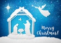 Greeting card of Traditional Christian Christmas Nativity Scene of baby Jesus in the manger with Mary and Joseph in Royalty Free Stock Photo