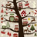 Greeting card with tree and Christmas birds, and Christmas elements Royalty Free Stock Photo