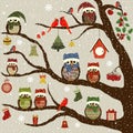 Greeting card with tree and Christmas birds Royalty Free Stock Photo