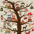 Greeting card with tree and Christmas birds Royalty Free Stock Photo