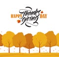 Greeting card with trees, leaves fall and handwritten lettering of Happy Thanksgiving Day Royalty Free Stock Photo