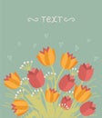 Greeting card with tulips. Vector vintage flowers card background for text or design.