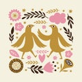 Greeting Card With Two Birds And Flowers