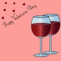 Greeting card two glasses of red wine. Decoration of hearts. Space for text. Vector. Coral background. Royalty Free Stock Photo