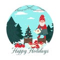 Greeting card. Two gnomes decorate a Christmas tree. Vector characters in flat style, cartoon Royalty Free Stock Photo