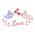 Greeting card two loving birds and red hearts. Royalty Free Stock Photo