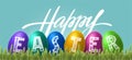 Greeting card with typography HAPPY EASTER. Volumetric 3D realistic painted eggs on grass. Lettering, calligraphy