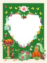 Greeting card, unusual frame or unique wedding invitation. Apple tree, princess Carrot, monkeys, birds and butterflies, vegetables