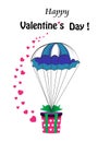 Greeting card for Valenines day with gift falling down on parac