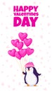 Greeting card for Valentine Day with a cute penguin in a knitted pink hat. Cartoon penguin with pink balloons hearts