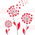 Greeting card of Valentine day with dandelion flower and hearts. February 14 holiday of love. Congratulation with Love. Royalty Free Stock Photo