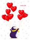 Greeting card for Valentine Day with a funny penguin. Cartoon vector penguin with balloons-hearts. I love you, baby Royalty Free Stock Photo