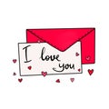 Greeting card Valentine with lettering I love you on the background of a bright pink envelope and confetti of hearts.