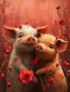 Greeting card on Valentine\'s Day with a couple of pigs in love